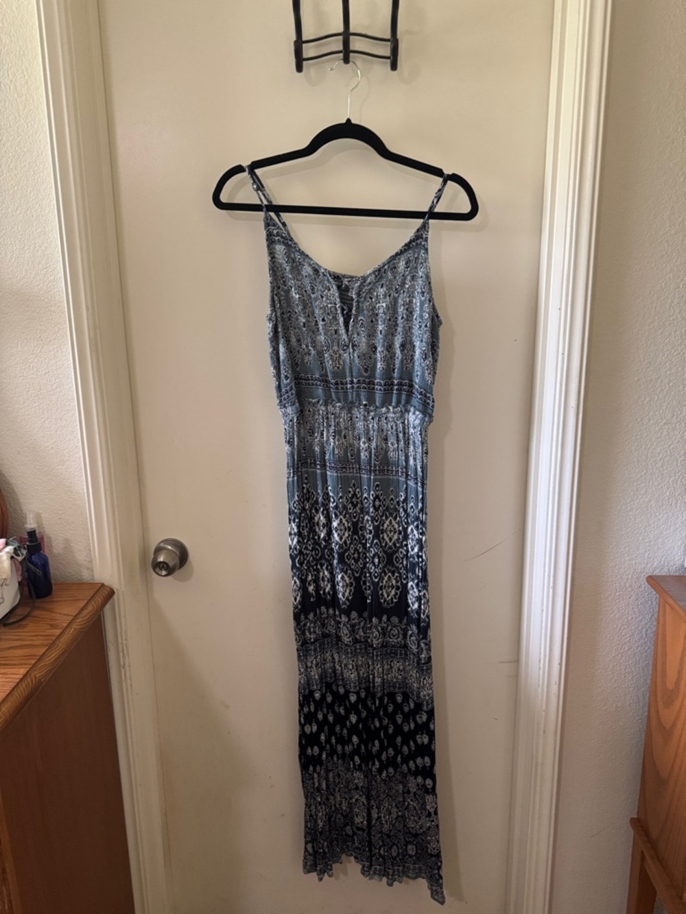 Patrons of Peace Blue Patterned Maxi Dress with Spaghetti Straps size L